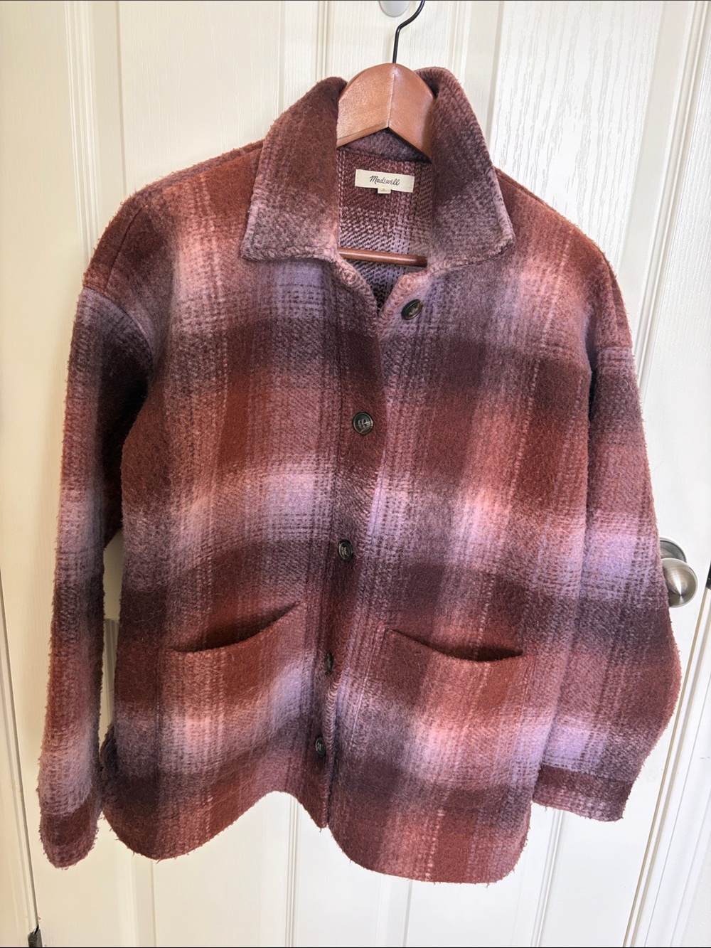 Madewell Ombre Plaid Teddy Jacket in Burgundy and Mauve